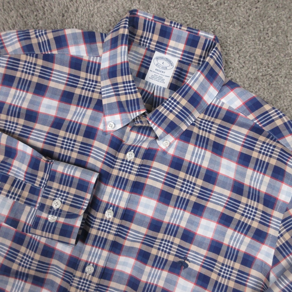 Brooks Brothers Shirt Mens Large Blue Plaid Regent Sheep Logo OCBD Button Up EUC